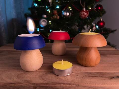 Champignon décoratif en bois d'érable avec bougie remplaçable (3" x 3" x 3")