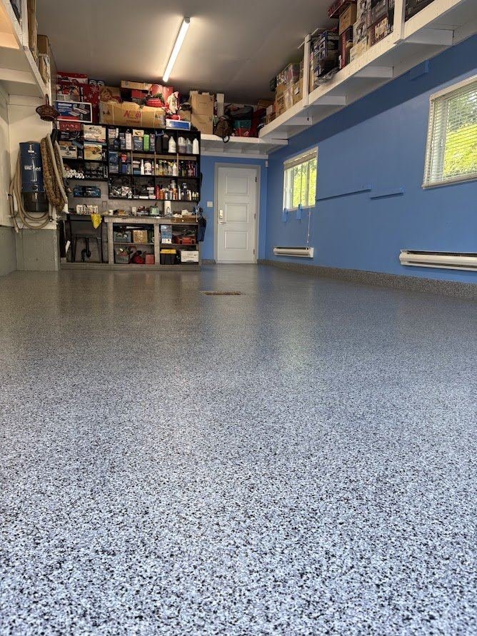 Plancher de garage, flakes bleu et gris, photo 1