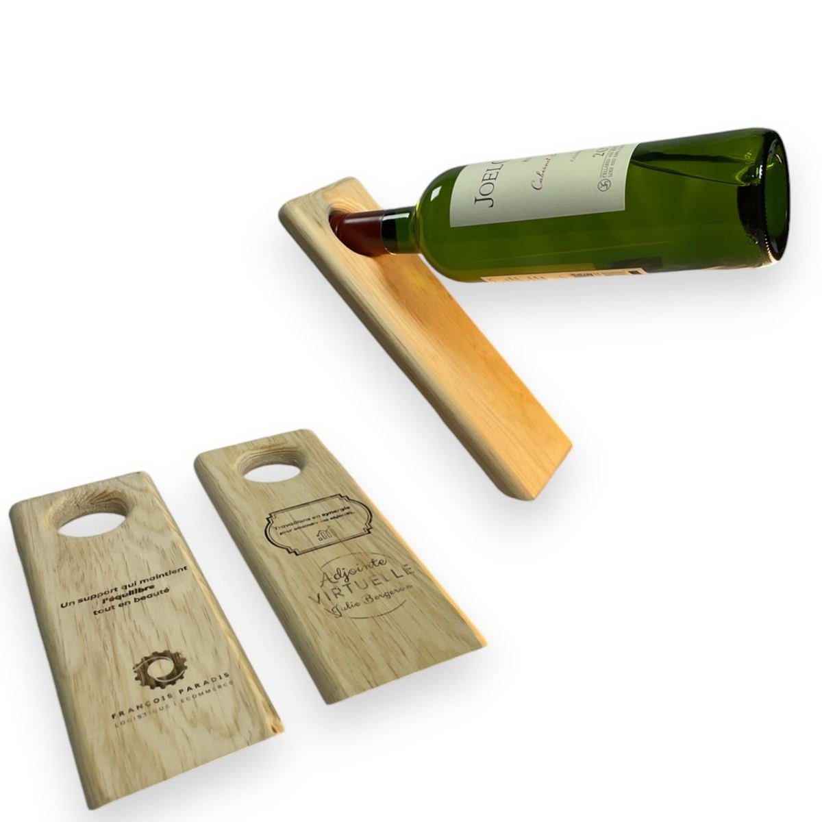 Support pour bouteille de vin flottant en bois de pin (10" x 3,5" x 4", gravure au choix), photo 1